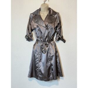 Neslay Y2K Womens Sz S Shiny Satin Dress Trench Coat Pockets Belted Gray Taupe